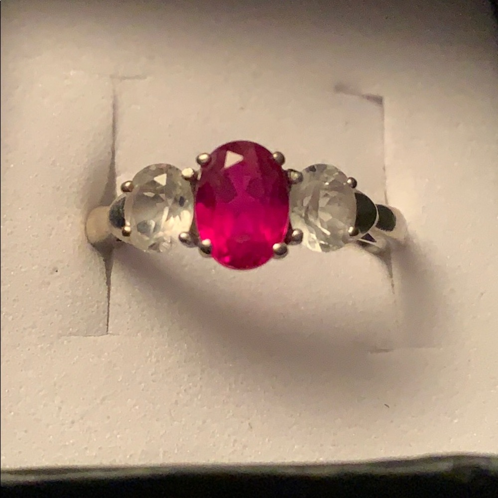 Ruby/White Sapphire Ring Solid White Gold 10 Kt